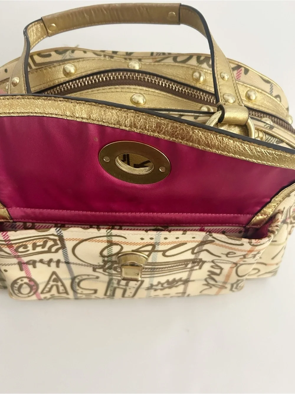 Vintage Coach Poppy Chelsea Graffiti Gold Tattersall Dome Satchel Purse